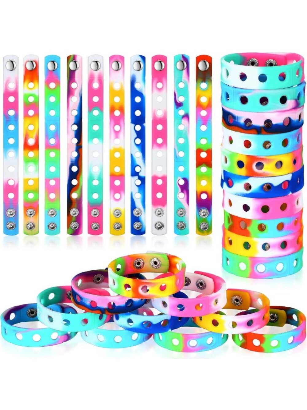 100 Pcs Adjustable Silicone Charm Bracelets Set - Colorful, 7 Inch, Bulk Pack